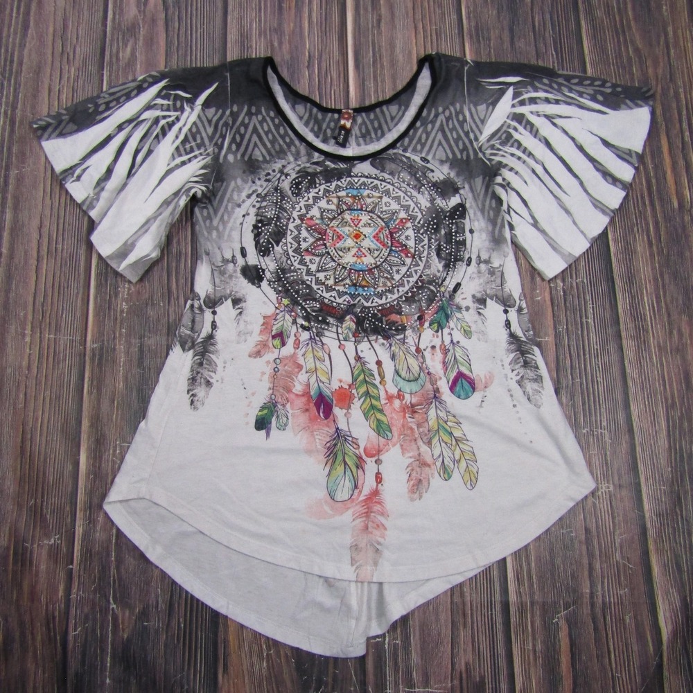 Big Bang USA Womens Medium Multicolor Geometric Tunic Flutter Sleeve Top